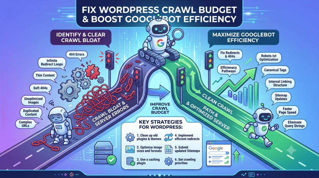 A conceptual infographic showing how to fix WordPress crawl budget issues and maximize Googlebot efficiency by clearing crawl bloat and server errors.