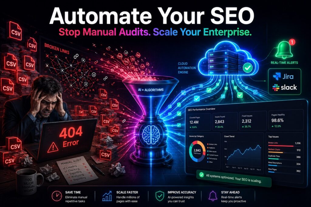 Illustration of an automated technical SEO dashboard scanning cloud servers and fixing enterprise website errors in real-time.