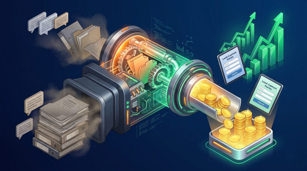 Digital illustration showing old blog content being transformed into a high-converting lead generation funnel.