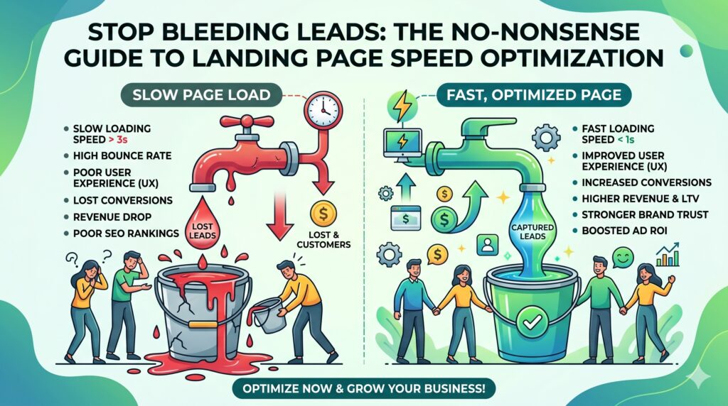 Infographic comparing the effects of slow landing page load times versus fast, optimized pages on lead generation and conversion rates.