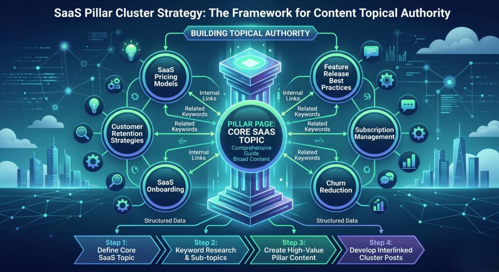 A conceptual diagram showing a SaaS content pillar page in the center connected to multiple cluster blog post topics to build topical authority.