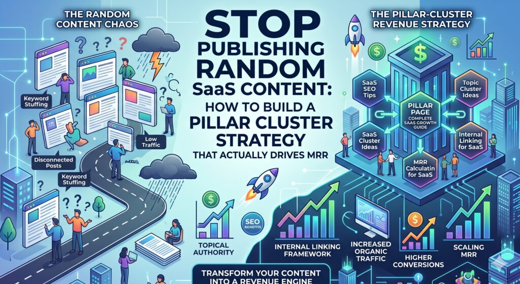 Infographic illustrating the transition from random SaaS content creation to a structured pillar cluster strategy that drives MRR and builds topical authority.