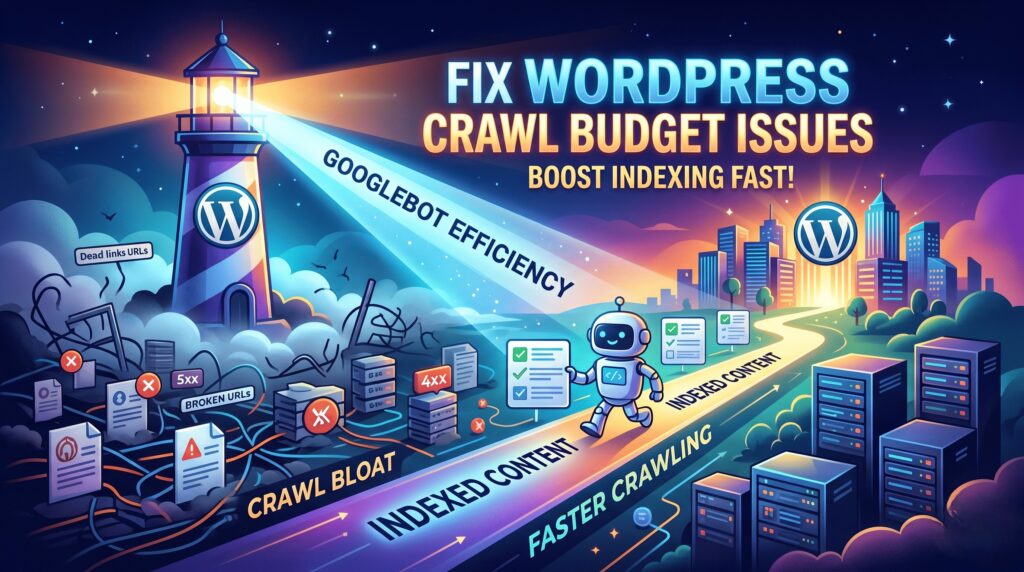 A conceptual infographic showing how to fix WordPress crawl budget issues and maximize Googlebot efficiency by clearing crawl bloat and server errors.